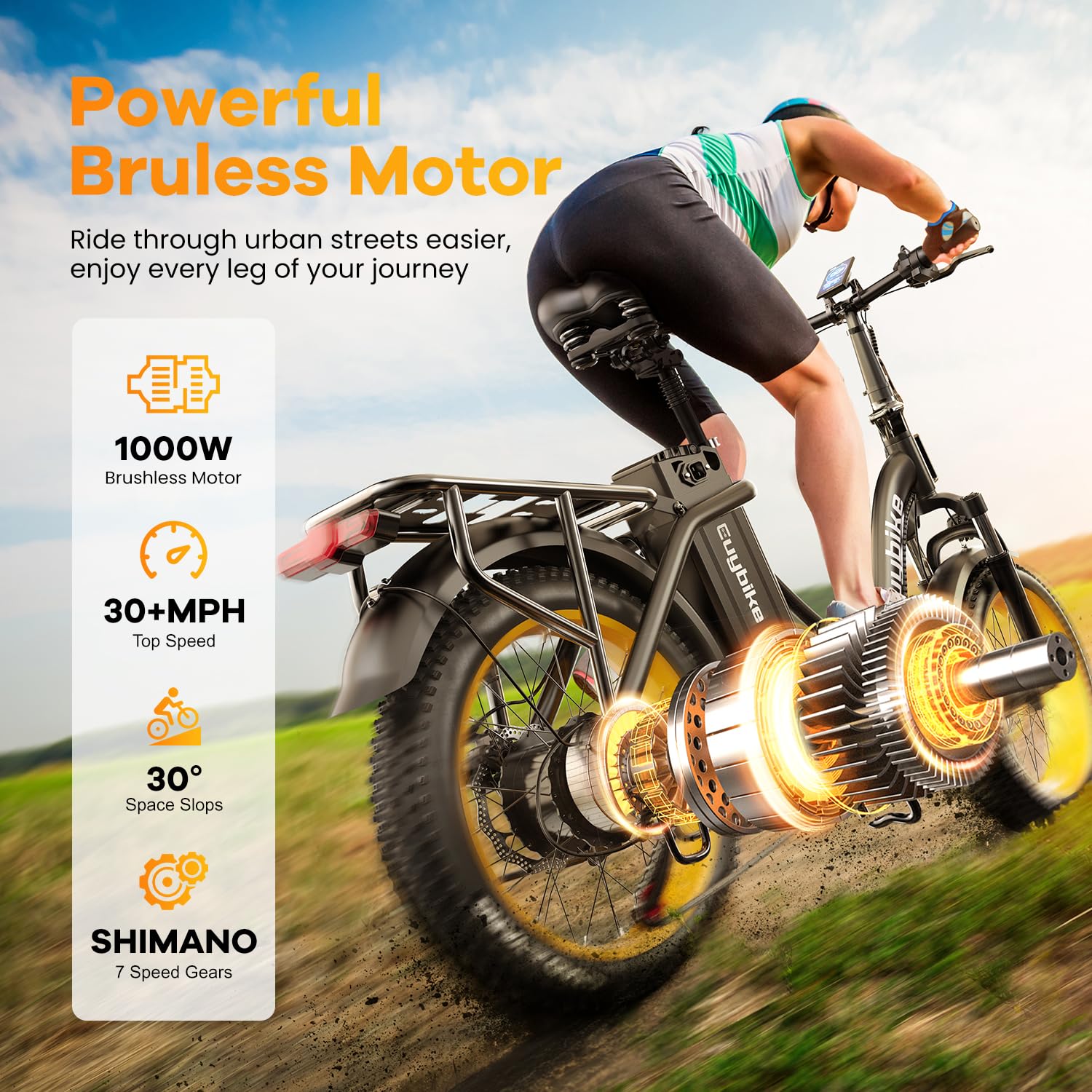 Folding Electric Bike 1000W Motor 20-Inch Fat Tires 7-Speed Step-Thru